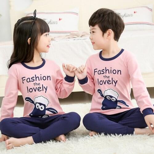 2PCS Children Pajamas Sets Long Sleeves T-shirts + Long Pants Cartoon Cotton Boys Girls Underwears Suits Autumn Breathable 2-10Y