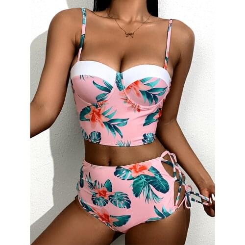 Bandage Swimsuit Womens Swimwear Strap Swimming Suit Female New Fashion Tube Top Sexy Split Printing Open Back Bikini Biquini