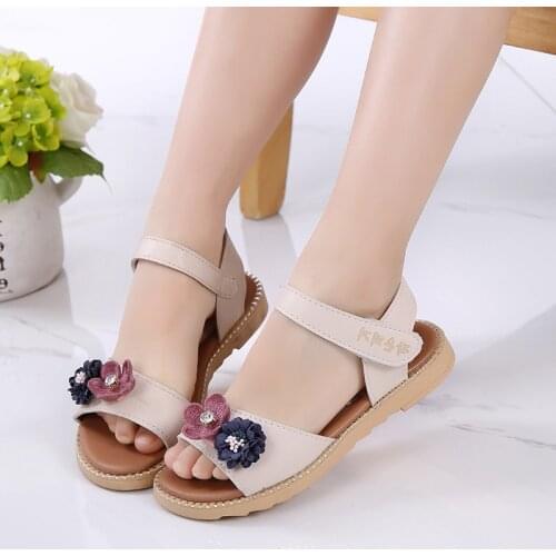 Summer Childrens Flower Sandals Princess Shoes For Girls Teenager Korean Beige Pink Grey Sandals Shoes Shoe 6 8 10 12 Years Old
