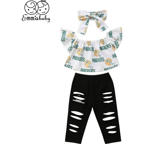 3PCS Fashion Summer Kids Baby Girls Ruffles Off Shoulder Tops Ripped Hole Leggings Black Pants Headbands Casual Kids Outfits Set