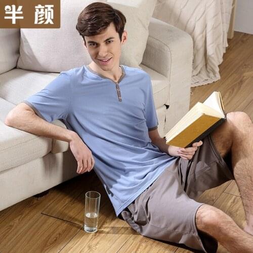 Mens Pajamas Spring Summer Short Sleeve Sleepwear Cotton Solid Pajamas Men Lounge Pajama Sets Size L to 3XL Sleepwear