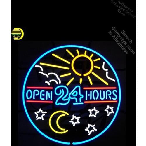 Neon Signs for OPEN 24 hours Neon Bulbs sign Sun and Moon Real Glass Restaurant Neon Light Art Polis Signage Shop Pabs Neon Sign