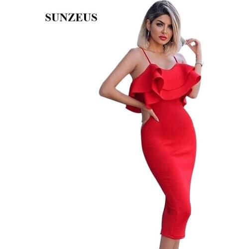 New Cocktail Party Fashion Dresses Sheath Fitted Tea Length Cocktail Gowns Red Spaghetti Straps Ruffles Party Robe