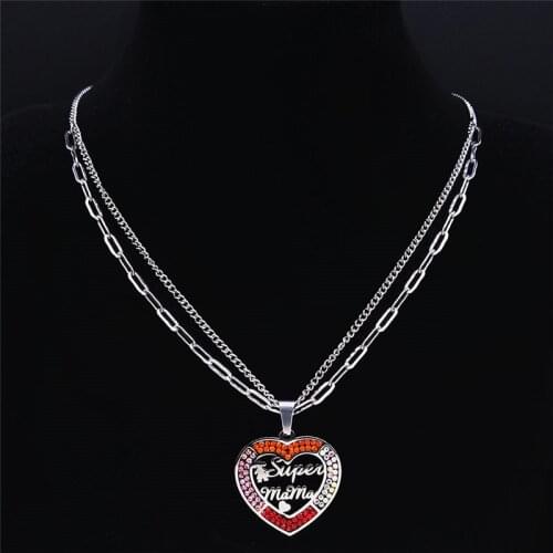 Stainless Steel Heart Spuer Mama Silver Color Layered Necklace Women/Men Choker Necklace Jewelry bijou femme N4826S01