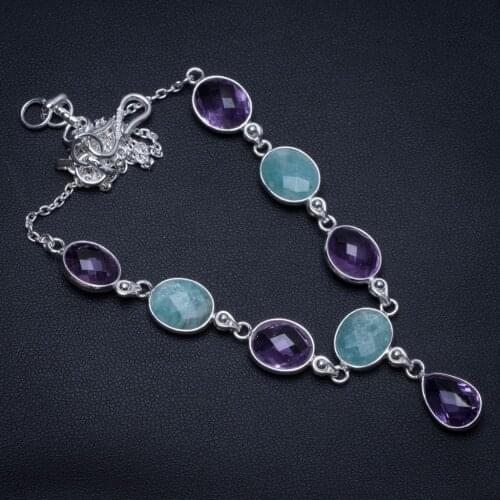 Natural Amazonite and Amethyst Handmade 925 Sterling Silver Y-Shaped Necklace 17.25" S3462