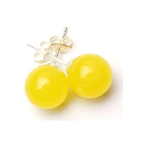 Ry00625 Pretty Natural 10mm Yellow Jade Gem Round Bead 925 Silver Stud Earrings A0422