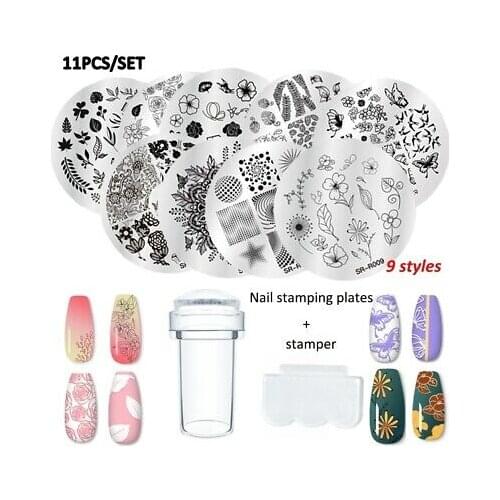 11Pcs Nail Art Templates Stamping Plate Set DIY Design Flower Marble Image Nail Stamp Templates Plates Tools