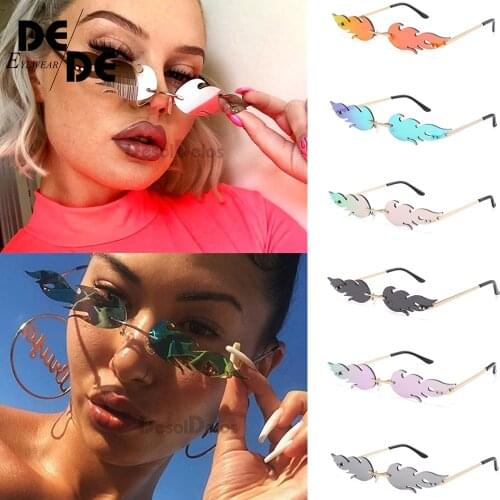 Women Men Rimless Wave Sun Glasses New 2019 Fashion Fire Flame Sunglasses Eyewear Luxury Design Narrow Sunglass Shade Streetwear
