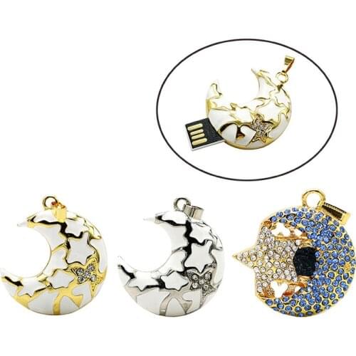 Crystal Moon Style USB Flash Drive Metal Diamond Jewelry USB Flash Disk Gift Crystal Necklace Pendrive 8GB 16GB 32GB Lovely Gift
