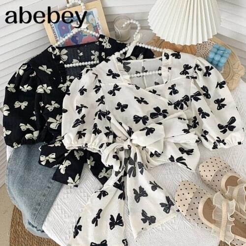 Sweet versatile square collar puff sleeve Shirt bow print waist bandage short Shirt Top 2021 New Summer Women