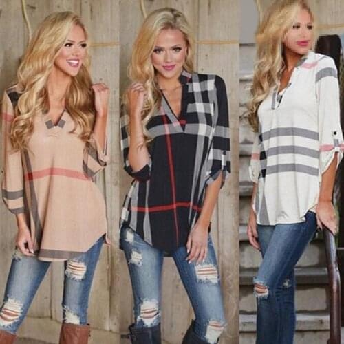 Women shirts Fashion Plaid Print V-neck Cropped Sleeve Top T-Shirt women tops