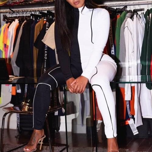 Sexy Long Sleeve One Piece Bodycon Jumpsuit Women Fall Clothing 2019 White Black Color Block Party Romper Clubwear Matching Sets