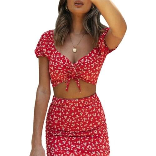 2021 Fashion puff short sleeve floral print sexy cute crop tops ruffles skirts 2 pcs set summer women streetwear outfits party