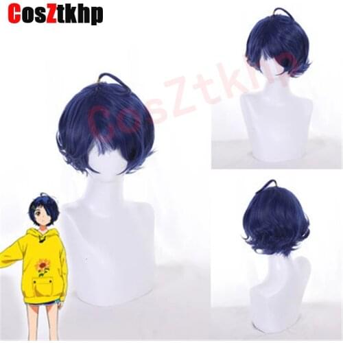 2021 Wonder Egg Priority Ohto Ai Cosplay Wig Blue Short Hair Wig Woman Girl Bobo Curly Headgear Halloween Party Costume Props