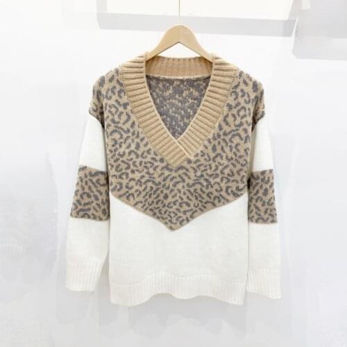 Ele-choices Women Sweater Color Block Leopard Pattern Autumn Winter V Neck Patchwork Knitted Sweater Top Streetwear