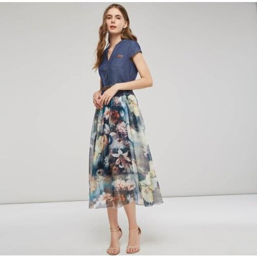 2987 Summer Dress For Women Fashion Patchwork V-Neck Denim Quality Tops New Popular Slim Thin Unique Casual Printing Mid Dresses