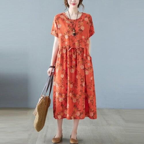 Women Summer Cotton Linen Casual Dress New 2021 Vintage Style Floral Print Loose Comfortable Female A-line Long Dresses B405