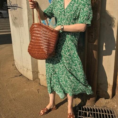 Green Short Sleeve High Waist A-line Midi Dress Women Summer Elegant V-Neck Little Flower Long Dress French Style Vestido 14146