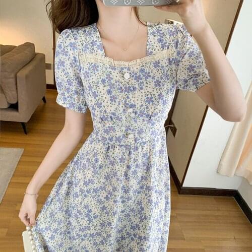 Summer Fairy Dress Women French Style Elegant Lace Stitching Square Collar Vintage Dress Female Floral Print Chiffon Dresses
