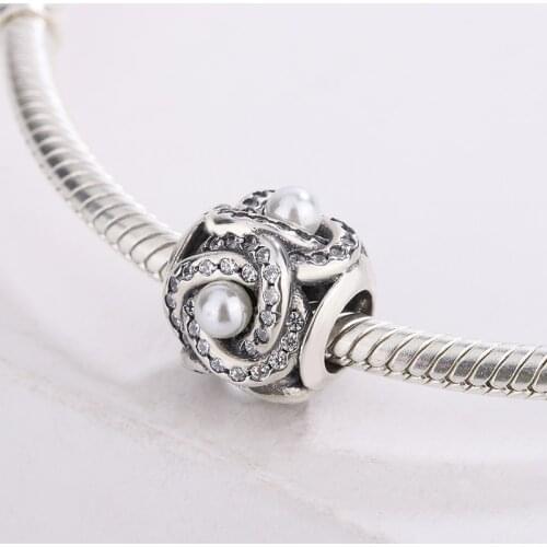 925 Sterling Silver Shimmering Luminous Love Knot Beads Inlaid With White Zircon Pendant Charm Bracelet DIY Jewelry Making