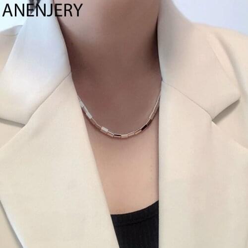 ANENJERY 925 Sterling Silver Shiny Cubes Square Tube Necklace for Women Bold Creative Simply Jewelry Wholesale