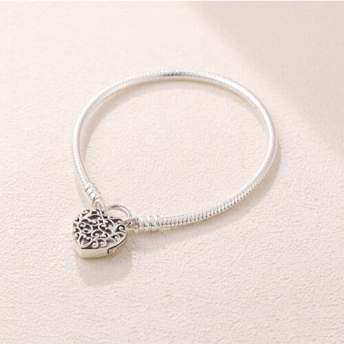 Authentic 925 Sterling Silver Pan Bracelet New Smooth Silver Lock Kings Heart Clasp Bracelet Fit Charm Women Jewelry