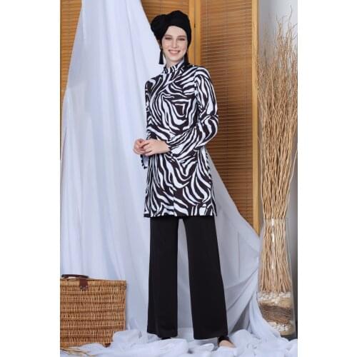 Womens Long Sleeve Zebra Pattern Spanish Trotting Hijab Swimwear 20157 Black