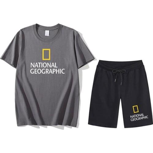 National Geographic Mens Sportswear Summer Clothes Sportswear Two-piece Cotton T-shirt Shorts Track and Field Suit Sports Suit