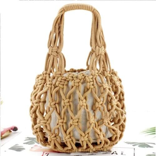 Hollow Out Cotton Weave Tote Handbag for Women Casual Mesh Knitting Womens Shoulder Bags Fashion Bucket Lady Shopping Bag 2021