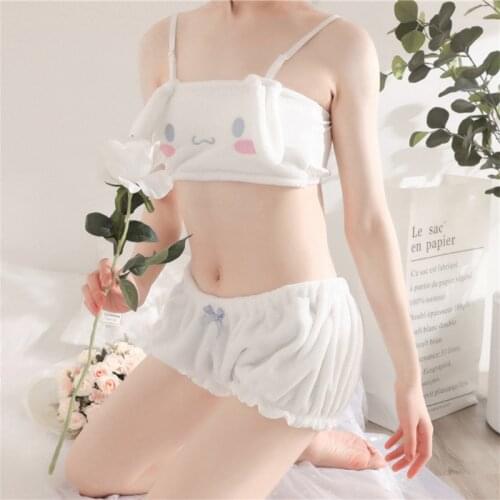 Women Kawaii Anime Plush Pajamas Set Sweet Bunny Ears Velvet Tube Top Bra Bloomers Shorts Sleepwear Cosplay Lingerie