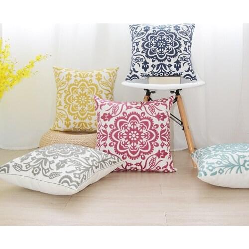 Floral Embroidered Cushion Cover Geometric Cotton Square Home Decorative Mandala Yellow Powder Navy Throw Pillow Cover 45x45cm