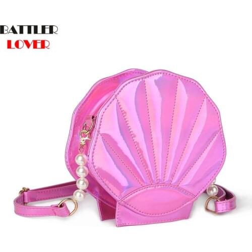 New Cute Beach Bag PU Leather Laser Lolita Mini Crossbody Bags for Women Novetly Handbags Sea Shell Shape Luxury Girl Funny Flap