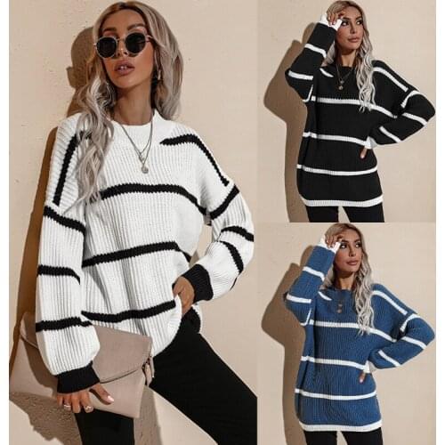 Autumn Loose Pullovers 2022 New Fashion Women Round Neck Sweaters Casual Long Sleeve Striped Print Cable Knit Tops Spring