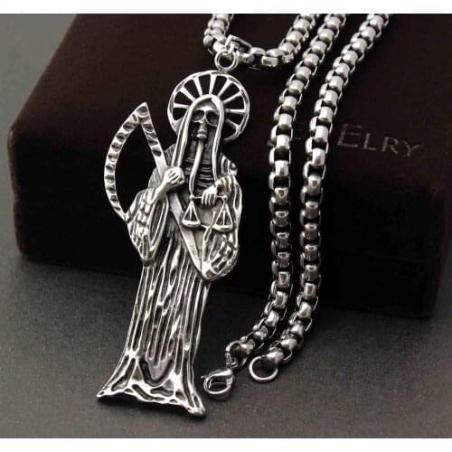 Hip-hop Silver Color Stainless Steel Holy Saint Death Santa Skull Biker Pendant Necklace Free Chain Mens Jewelry