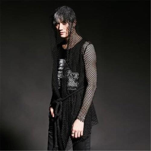 Sexy Men Coat Black Mesh Coat Open Stitch Hooded Long Coat Performance Men Clothing Spring Autumn Trench Coat