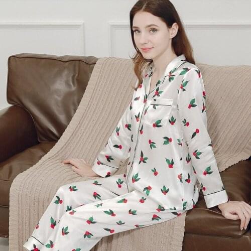Women 100% Silk Pajamas 2 Pieces Soft Elegant Luxury Brand Sleepwear Flower Print Sweety Home Wear Long-sleeve girdling v-ceck
