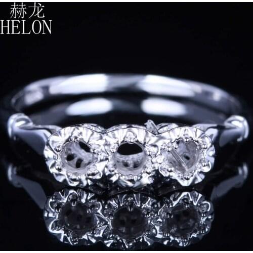HELON 2.7-3mm Round Cut Solid 14K White Gold Three Stone Semi Mount Engagement Wedding Ring Fine Jewelry Women Ring