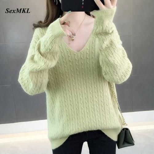 Sexy V neck Knit Sweater Women 2020 Autumn Winter Long Sleeve Loose Knitted Pullover Korean Style Sweaters Pull Femme