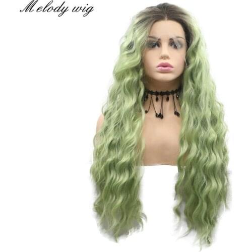 Melody Synthetic Lace Front Wigs Heat Resistant Dark Roots Ombre Pastel Green Long Bouncy Curly for Women Natural Looking Queen