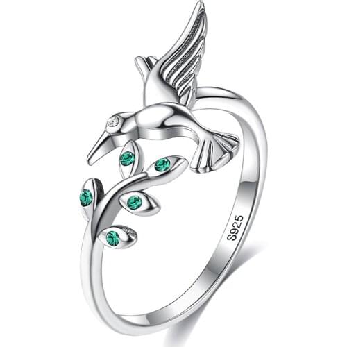 ZEMIOR Authentic 925 Sterling Silver Bird & Spring Tree Leaves Open Adjustable Rings For Women Engagement Fine Jewelry Hot Sale