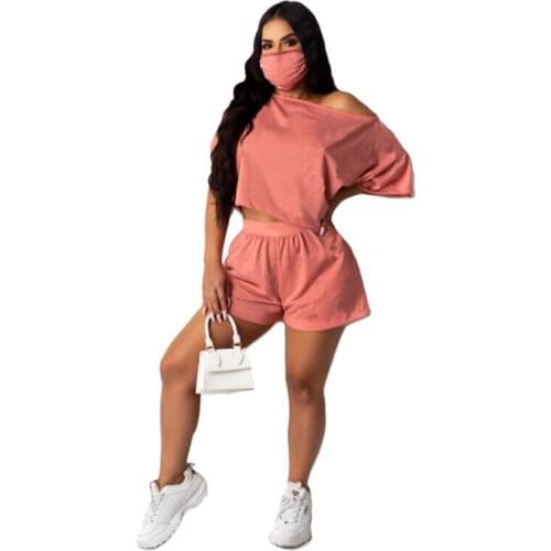 Women Casual Short Sleeve T-shirt Solid Color Pockets Short Pant Set 2pc NO MASK