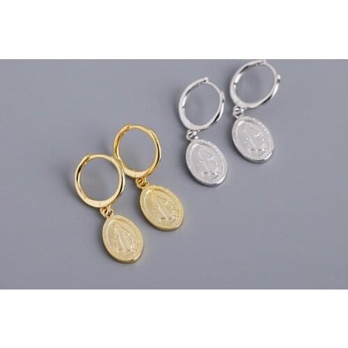 Enosola Women Earrings Golden Huggie Circle Hoops 925 Sterling Silver Virgin Mary Oval Tag Medal Charm Christian Prayer Jesus