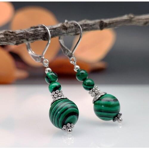 Fashion Green Beads Ball Stone Earrings for Women Luxury Silver Color Striped Watermelon Rind Pattern Dangle Earrings