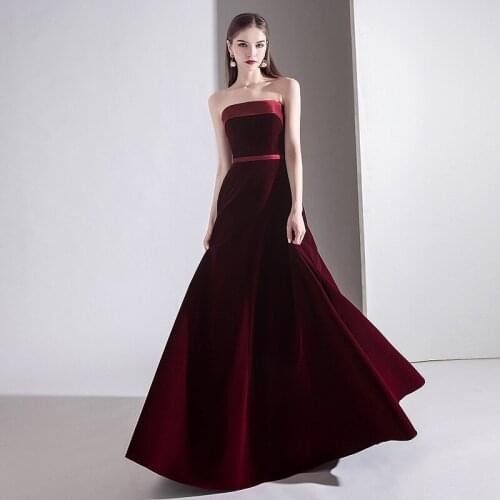 Sexy Strapless Evening Dress Burgundy Velour Floor Length A Line Backless Banquet Christmas Prom Gown Women Plus Size Sleeveless