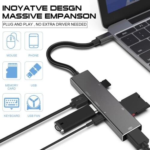 6-in-1 Type C Hub Type C to USB3.0 Adapter HDMI-compatible Converter USB-C Dongle Compatible with MacBook Chromebook