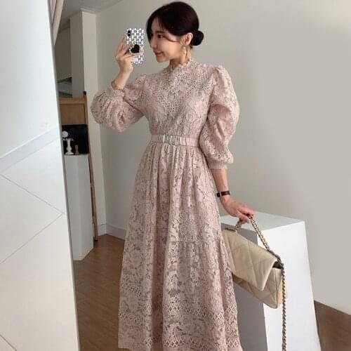 COIGARSAM Lace Women dress High Waist Stand Neck Dresses Pink Blue 2330