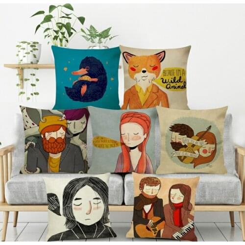 Healing Cartoon Character Illustrations Decorative Cushion Cover Polyester Cartoon Throw Pillow Covers Home Pillow Case 45x45