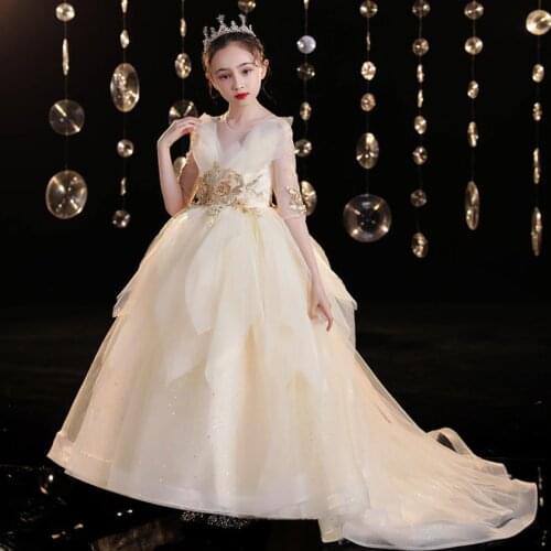 Children Appliques Beading Stitching Evening Gown Kids Catwalk Wedding Birthday Party Princess Dresses For Girls Vestidos L1161