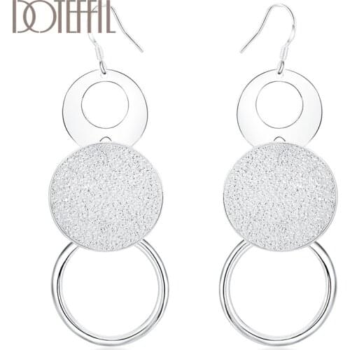 DOTEFFIL 925 Sterling Silver Round O-shaped Matte Earrings Fashion Woman Charm Earrings Wedding Jewelry