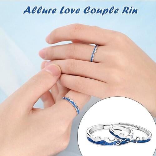 Moon and Sea Promise Ring for Him and Her Adjustable 2 Tone Sterling Silver 925 Rings for Couple One Size TT@88